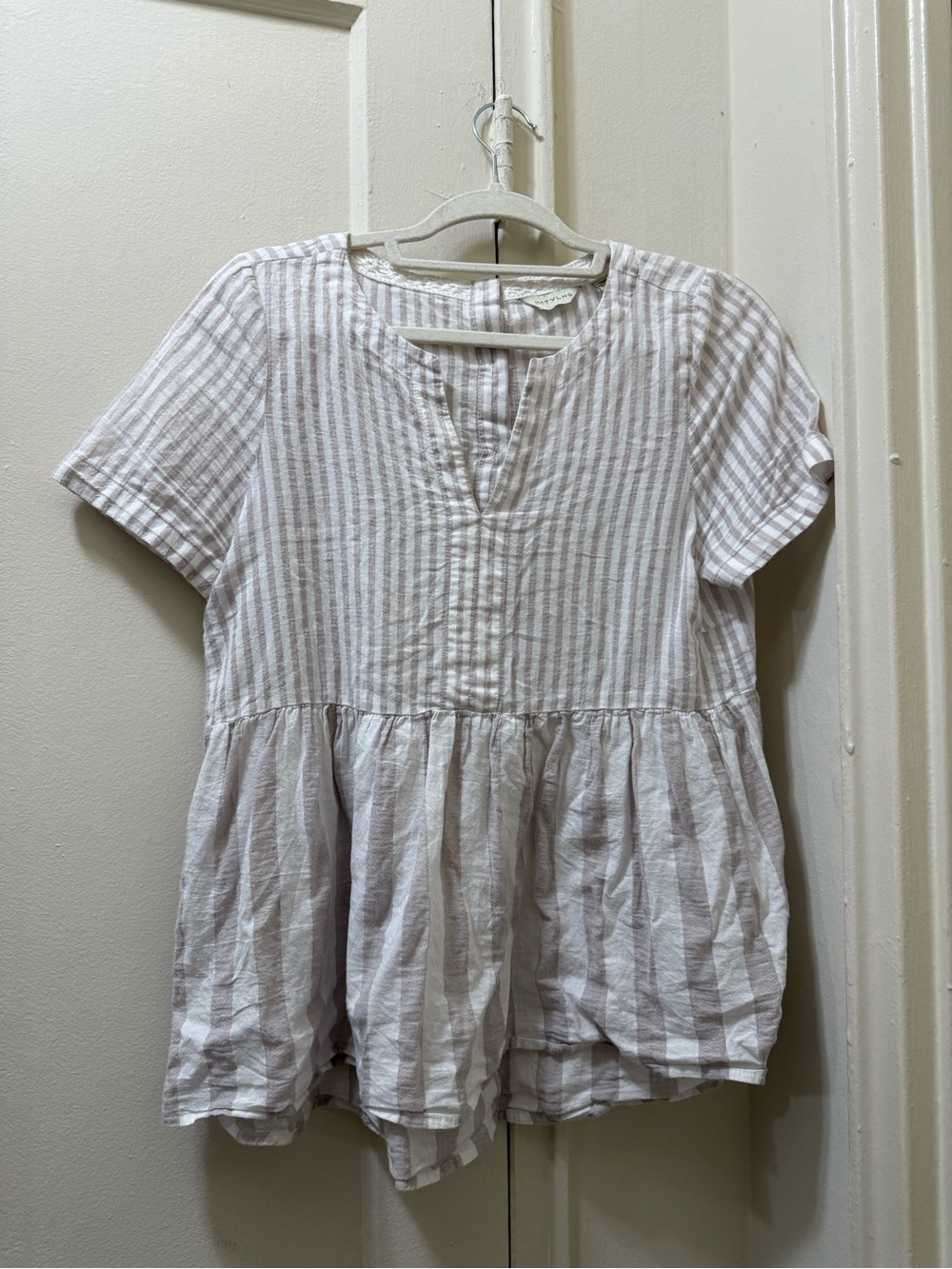 Striped Short-Sleeve Peplum Top in Light Taupe and White